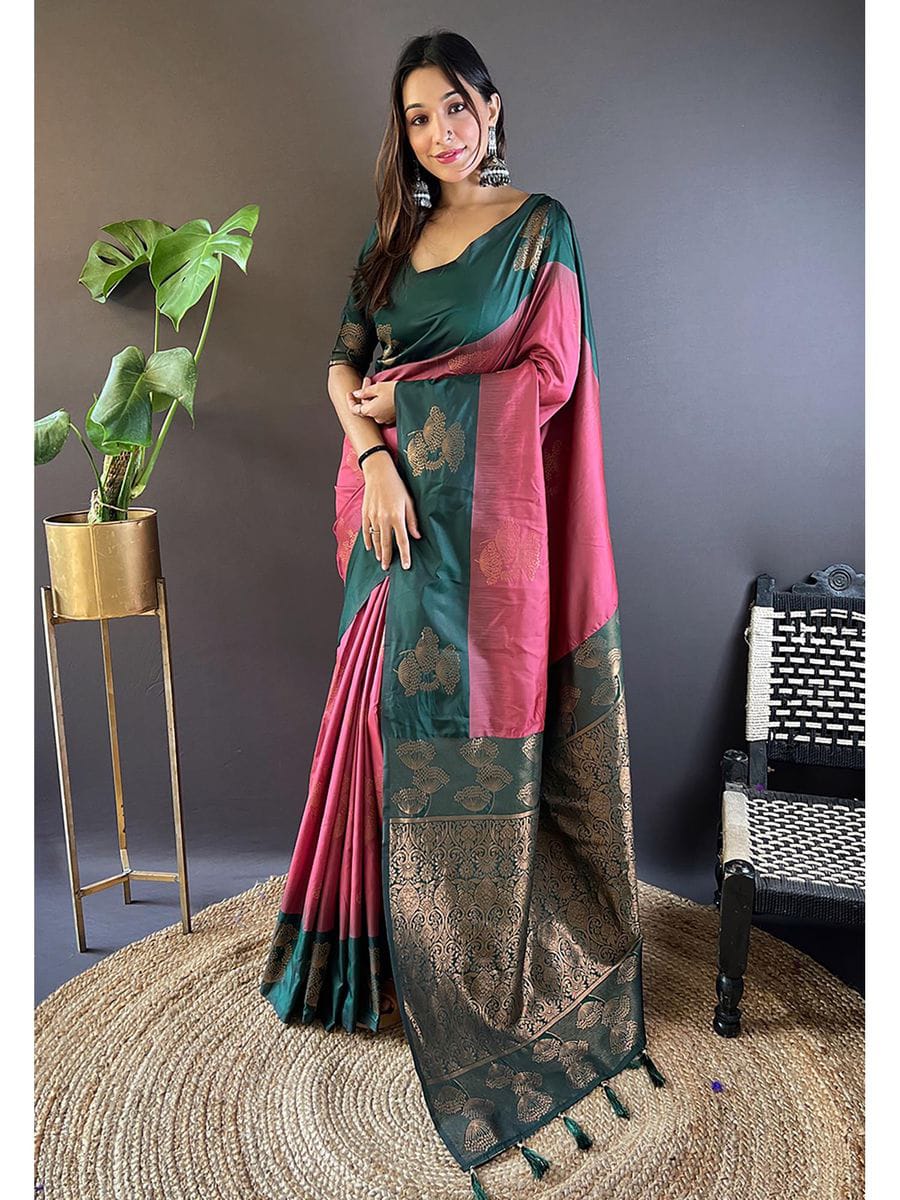 Vans fashion by mehndi green and maroon soft silk saree