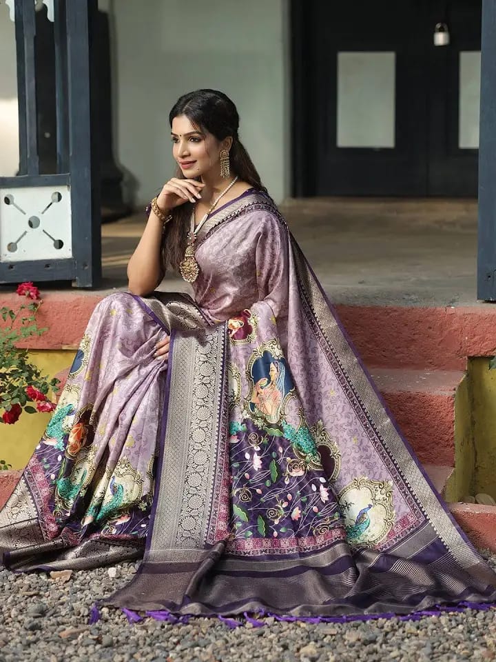 Pure Viscose Dola Silk Sare, Mughal-style digital print