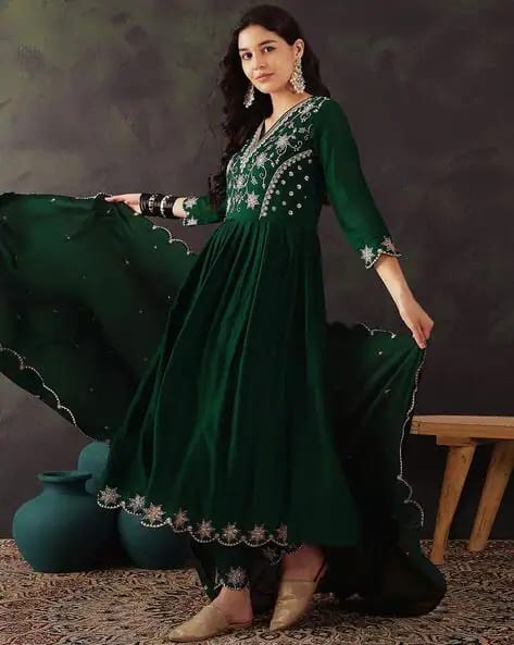 Dark Green Embroidered Anarkali