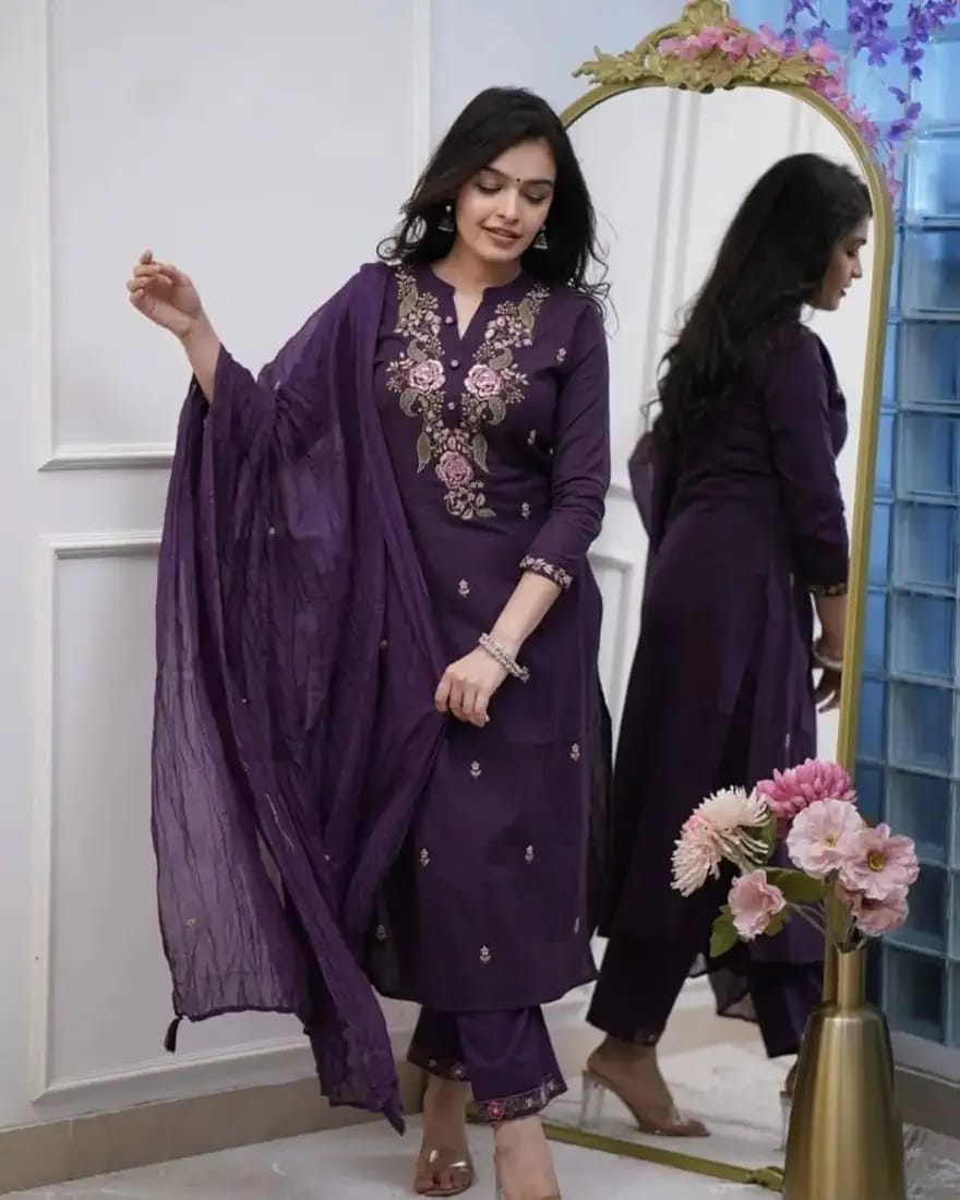 purple embroidered kurta set