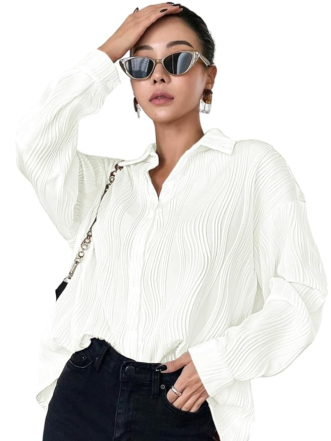 Beige Textured Oversized Button-Down Blouse