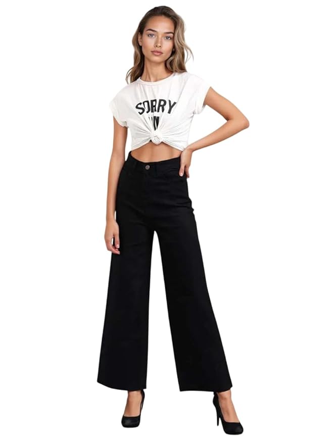 white graphic crop top black high-waisted wide-leg jeans,