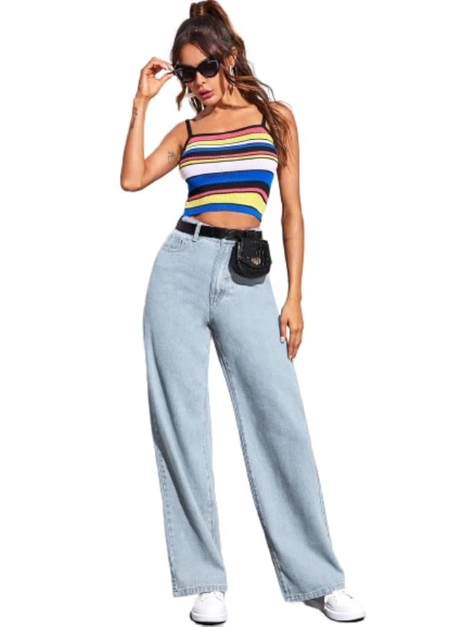 Rainbow-striped knit crop top, light blue high-waisted wide-leg jeans, black leather belt bag